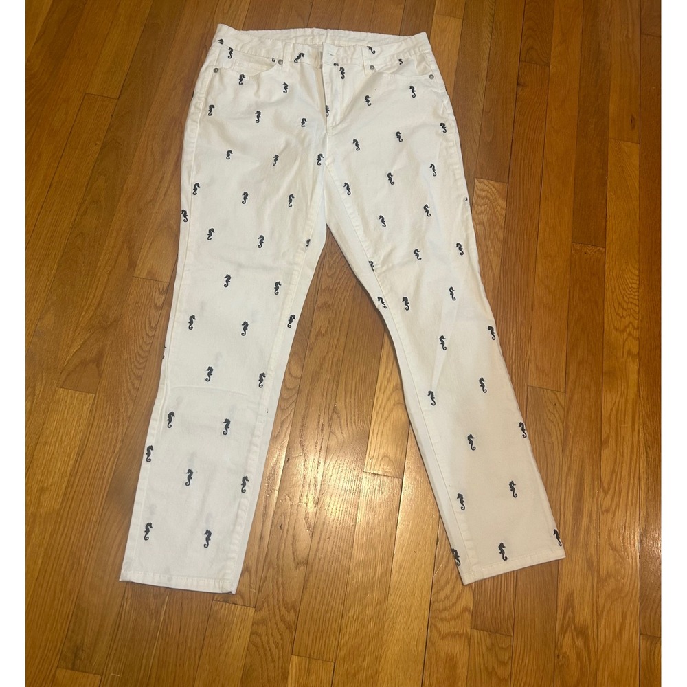 Crown & Ivy sz 6 skinny straight white blue embroidered seahorse jeans beach‎